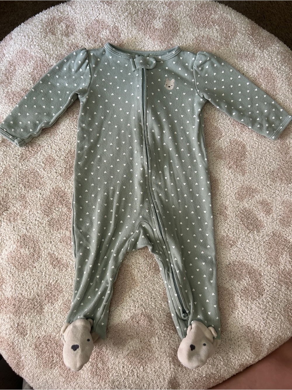 Carter's Sage Green Heart-Print Footed Sleep and Play Pajamas